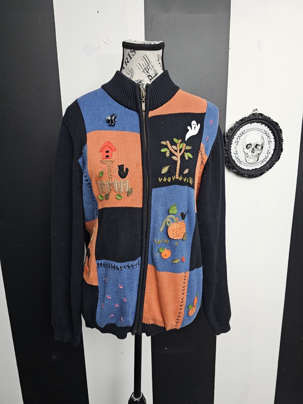 Patchwork Zip-Up Cardigan Sweater - Blue & Orange
